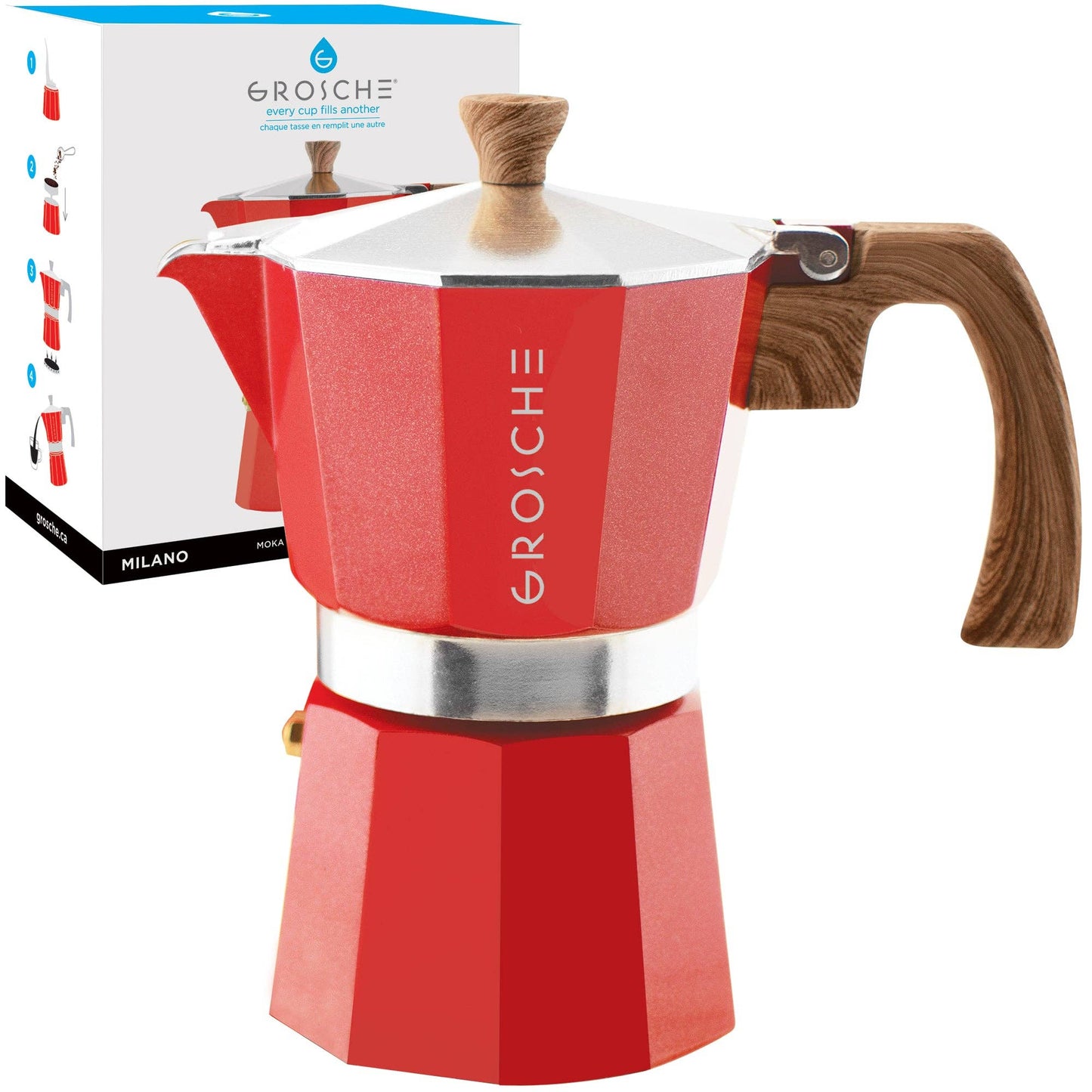 Grosche Milano Stovetop Espresso Maker 6 Cup - Red