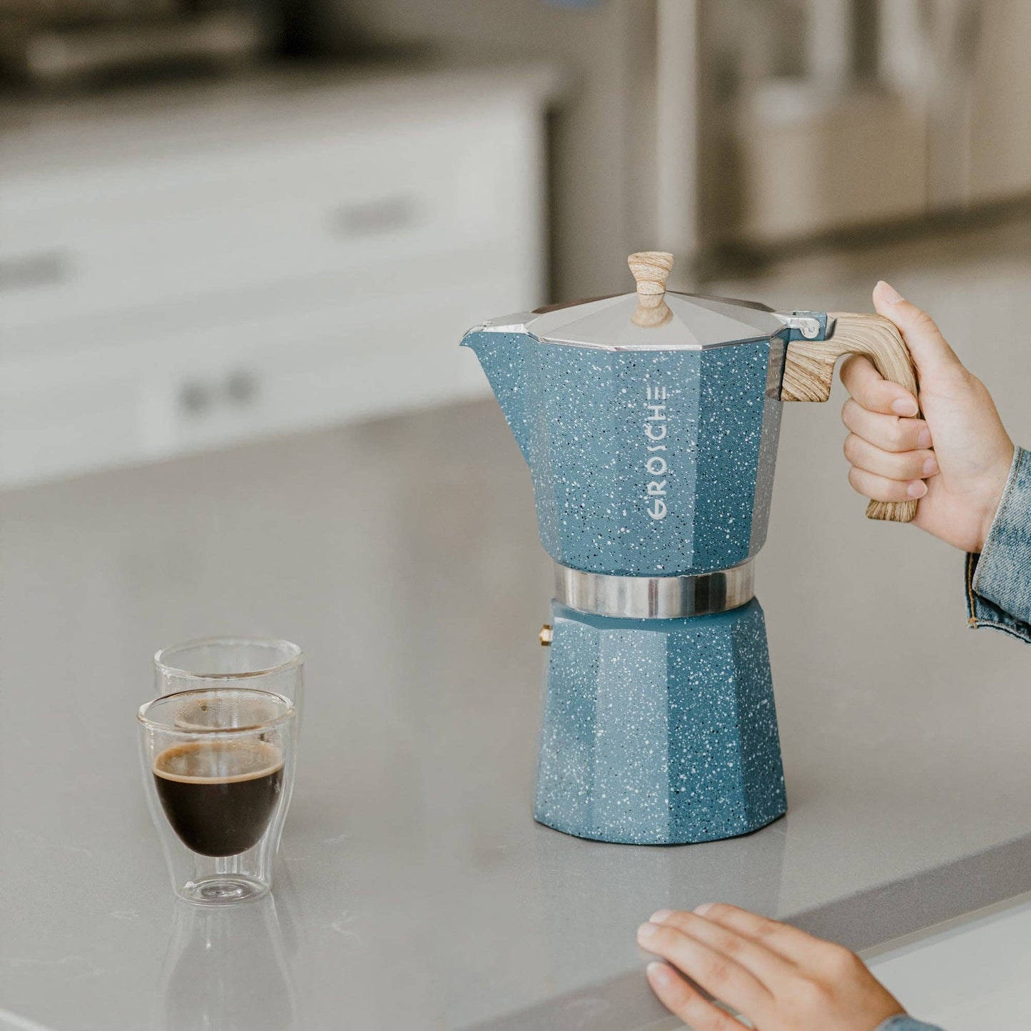 Milano Stone Stovetop Espresso Maker 6-9 Cup  - Indigo Blue