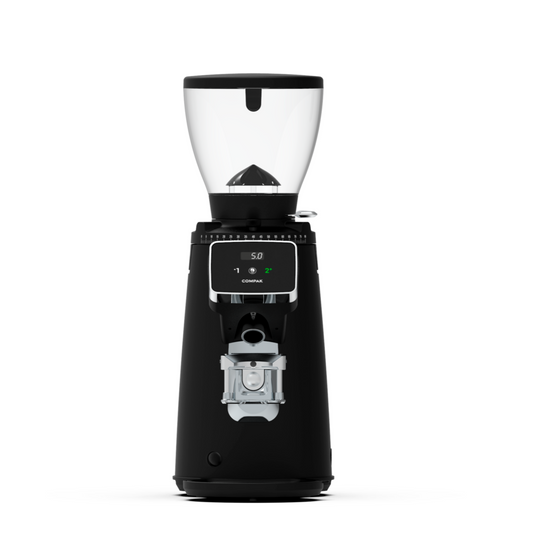 Black coffee grinder with digital display on a white background